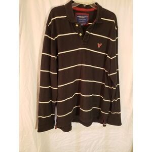 American Eagle Black Long Sleeve Striped Polo Size XL